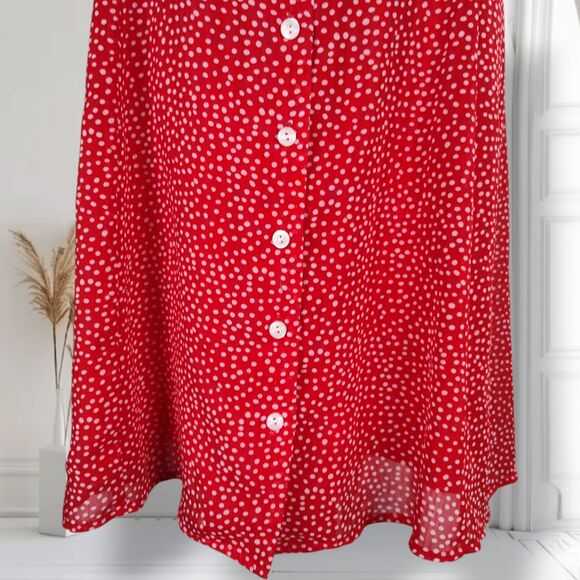 Aqua Button Front Mini Dress Size L Polka Dot Fit Flare Skater Flutter Sleeve - Picture 5 of 14